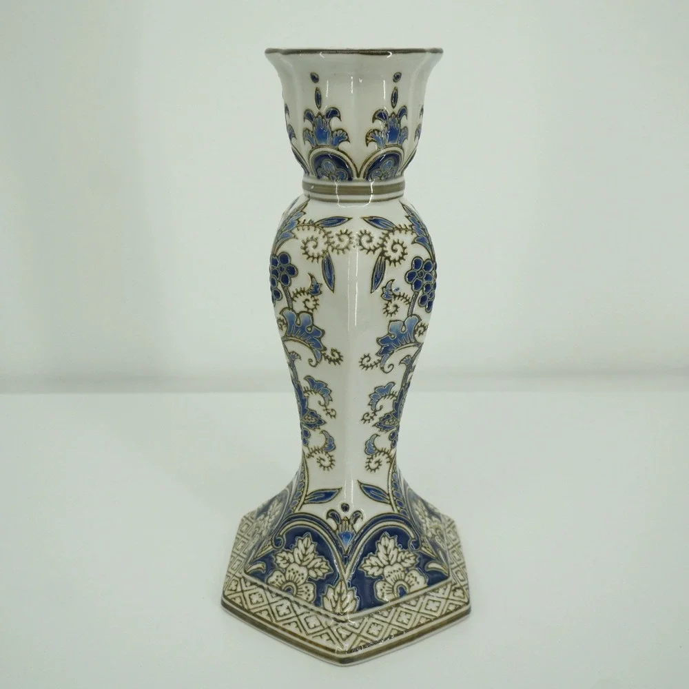 Unbranded Candlestick Holder Home Decor 10.75in Blue White Gold Floral Ceramic